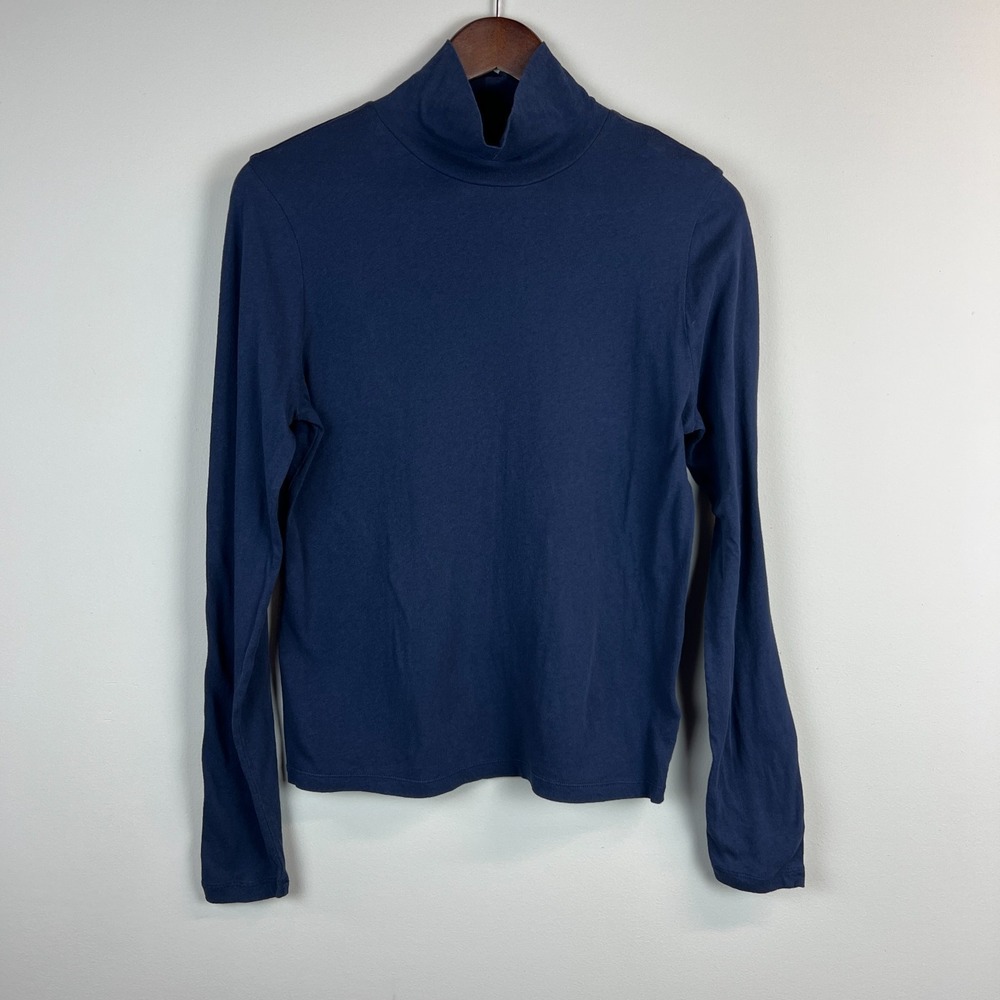 J Crew Tissue Crepe Turtleneck Top Womens L Navy Long Sleeve Minimalist Preppy